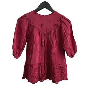 Zara Kids Burgundy Embroidered Eyelet Peasant Silky Dress 4-5‎ Years